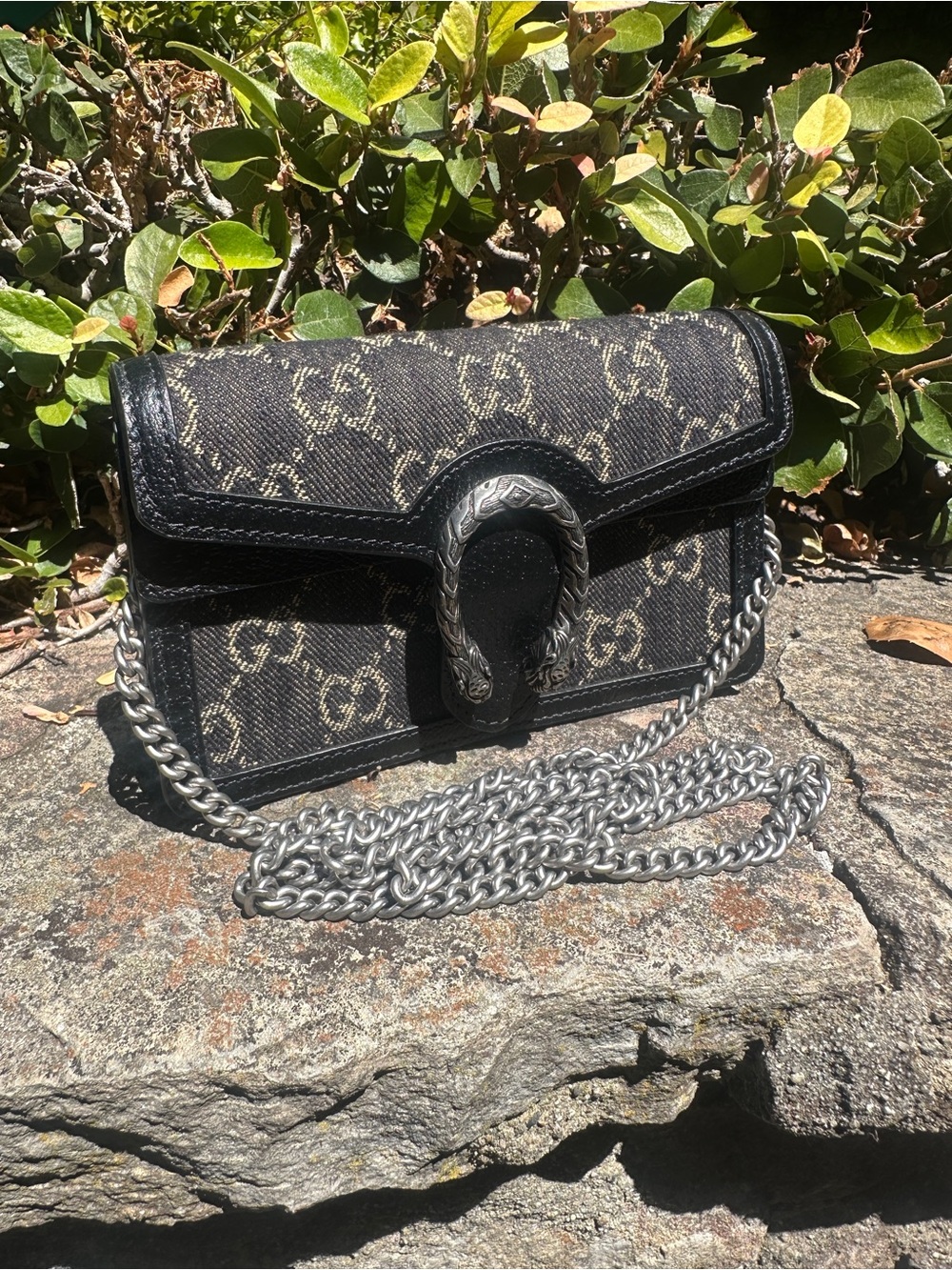 Gucci Black and Brown GG Denim Dionysus Chain Crossbody